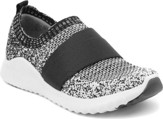 Slip-on athletic shoe with white sole, gray knitted upper, and wide black strap.
