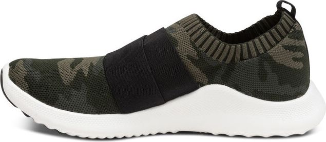 Camo slip-on shoe with a black elastic strap and a white sole.