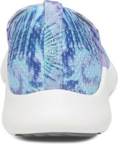 Back view of a patterned blue and white sneaker featuring a white sole with gray heel and a pull-tab.