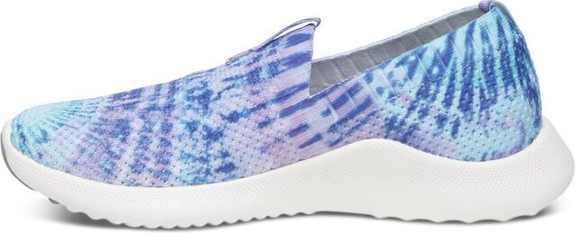 A slip-on style shoe with a tie-dye pattern and a white sole.