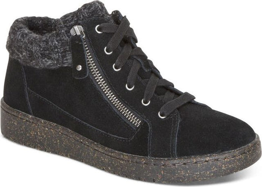 Black high-top sneaker with front laces and side zipper.