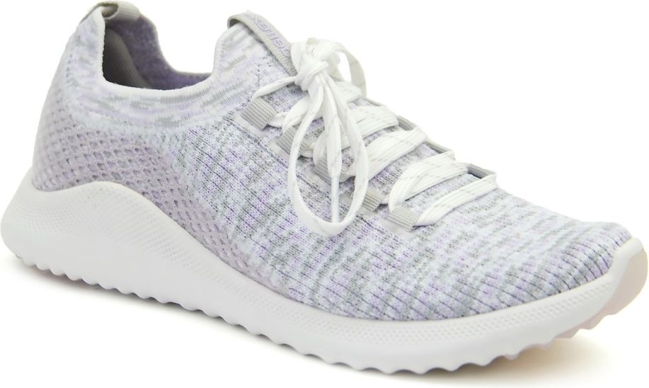 Light gray sneaker with white laces and sole.