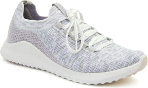 Light gray sneaker with white laces and sole.