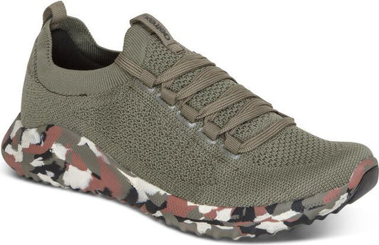 Olive-green sneaker with speckled soles and elastic laces.