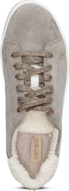 A gray suede sneaker with fuzzy lining and laces.