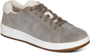 Gray suede sneaker with white sole and shearling lining.