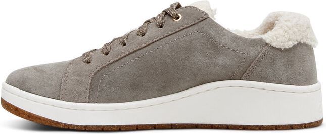A gray suede sneaker with white sole and fur lining.