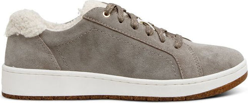 Grey suede sneaker with white sole and furry interior lining around the ankle.