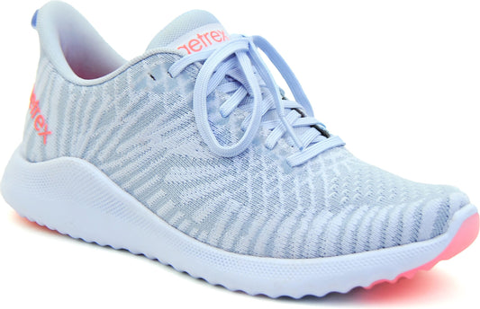 Light gray athletic shoe with orange accents, laces, and white sole.