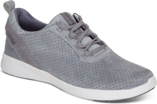 Gray low-rise sneaker with dot pattern and gray laces.