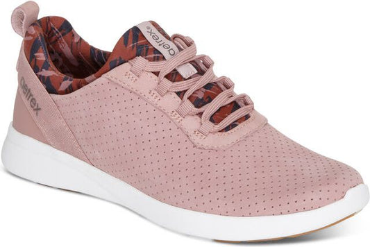 Pink sneaker with white sole, lace-up, and patterned lining.