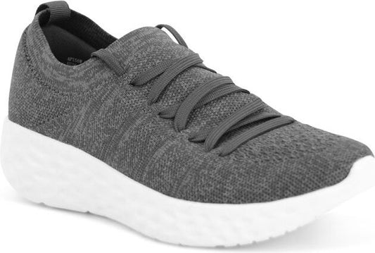 Gray knit sneaker with laces and white sole.