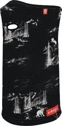 A black neck warmer with a white forest and mountain print and a breathing hole.