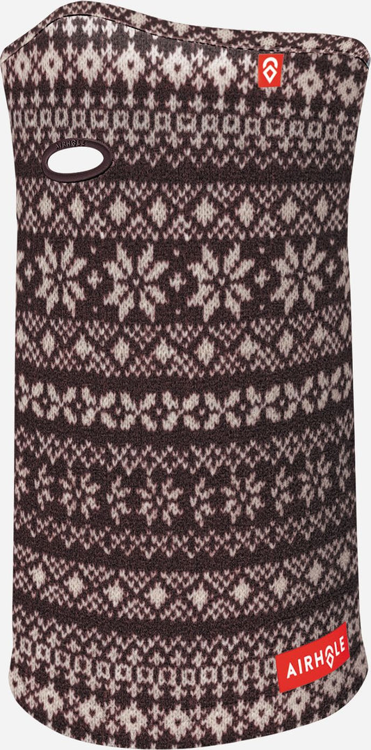 A brown and beige patterned balaclava with a breathing hole and red logo tags.