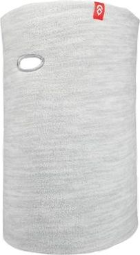 Light grey neck warmer with a hole for the eyes, small red tag at the top.