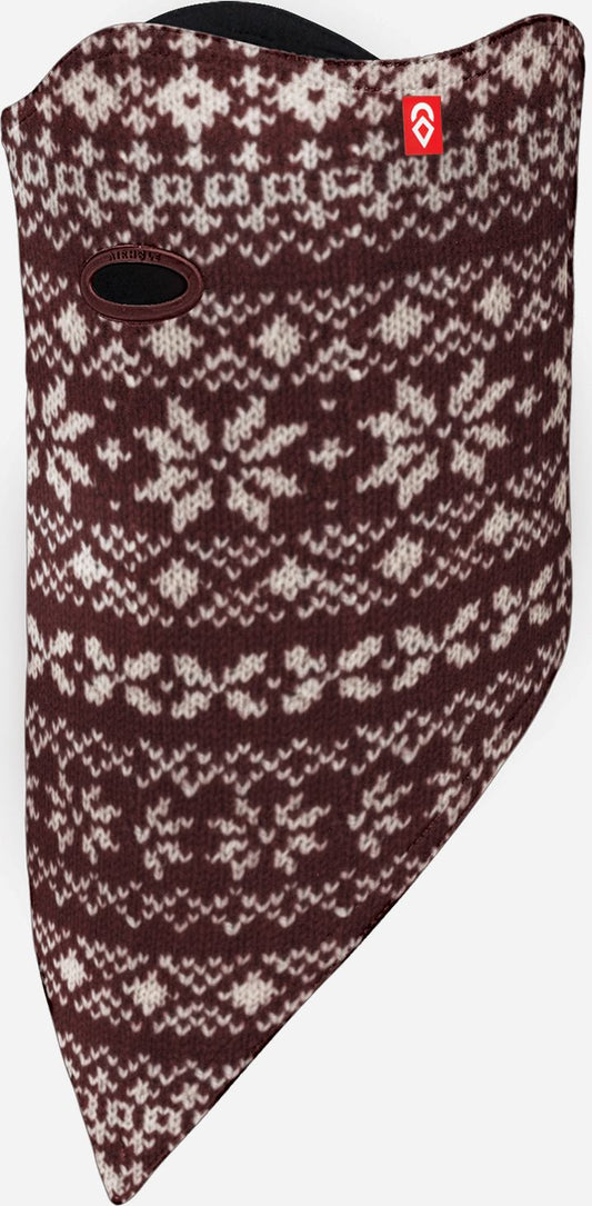Maroon and tan face mask with snowflakes and eye hole.