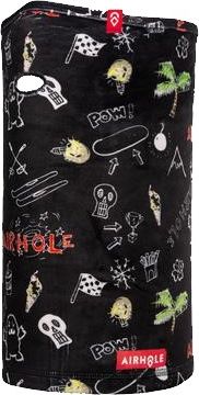 Black tubular neck warmer with cartoon images of skulls, palm trees, snow skis, skateboards, and ice cream.