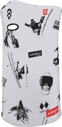 White neck gaiter with winter-themed graphics.