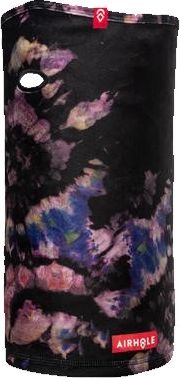 Floral printed black neck gaiter with a breathing hole and a red tag.