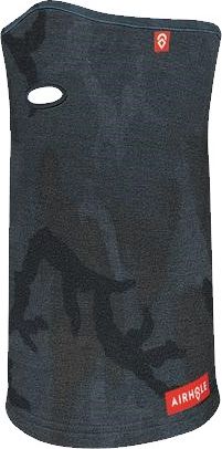 Camouflage-patterned neck warmer with a breathing hole and two labels.