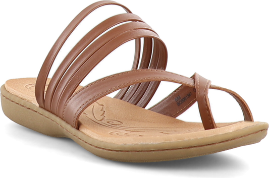 Tan-colored sandal with toe loop and several straps across the top of the foot.