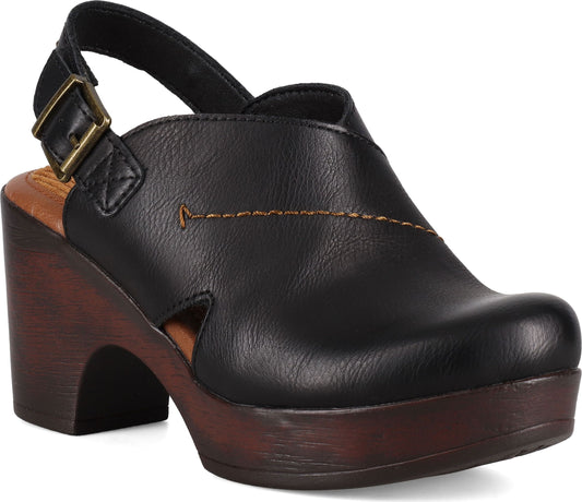 Black heeled clog with sling back and buckle detail