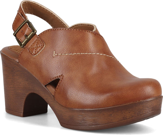 Tan colored slip-on wedge heel clog shoe with adjustable strap.