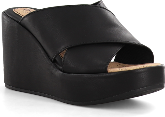 Black platform wedge sandal with criss-cross straps.