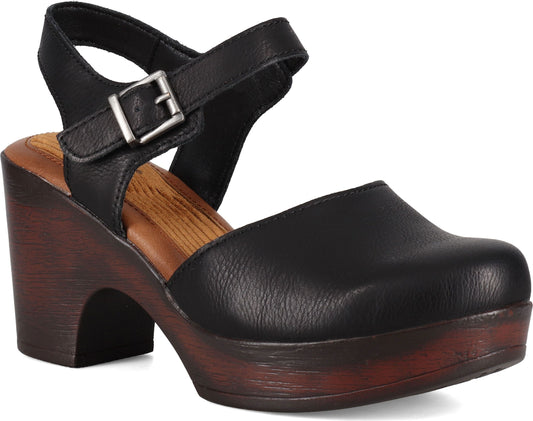 Black clog shoe with an ankle strap and a high block heel.