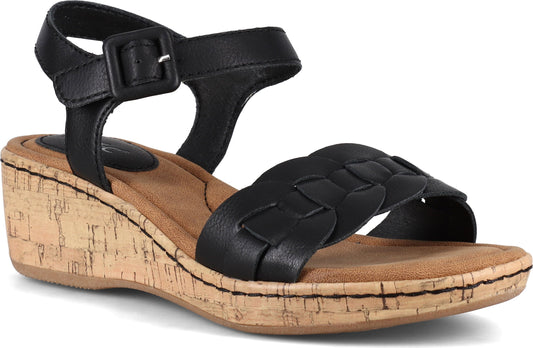 Black wedge sandal with ankle strap and braided design.