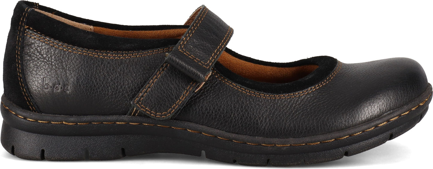 A black leather Mary Jane style shoe.