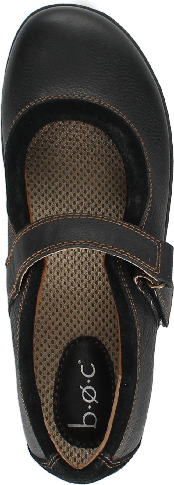 A single black Mary Jane-style shoe, top view.