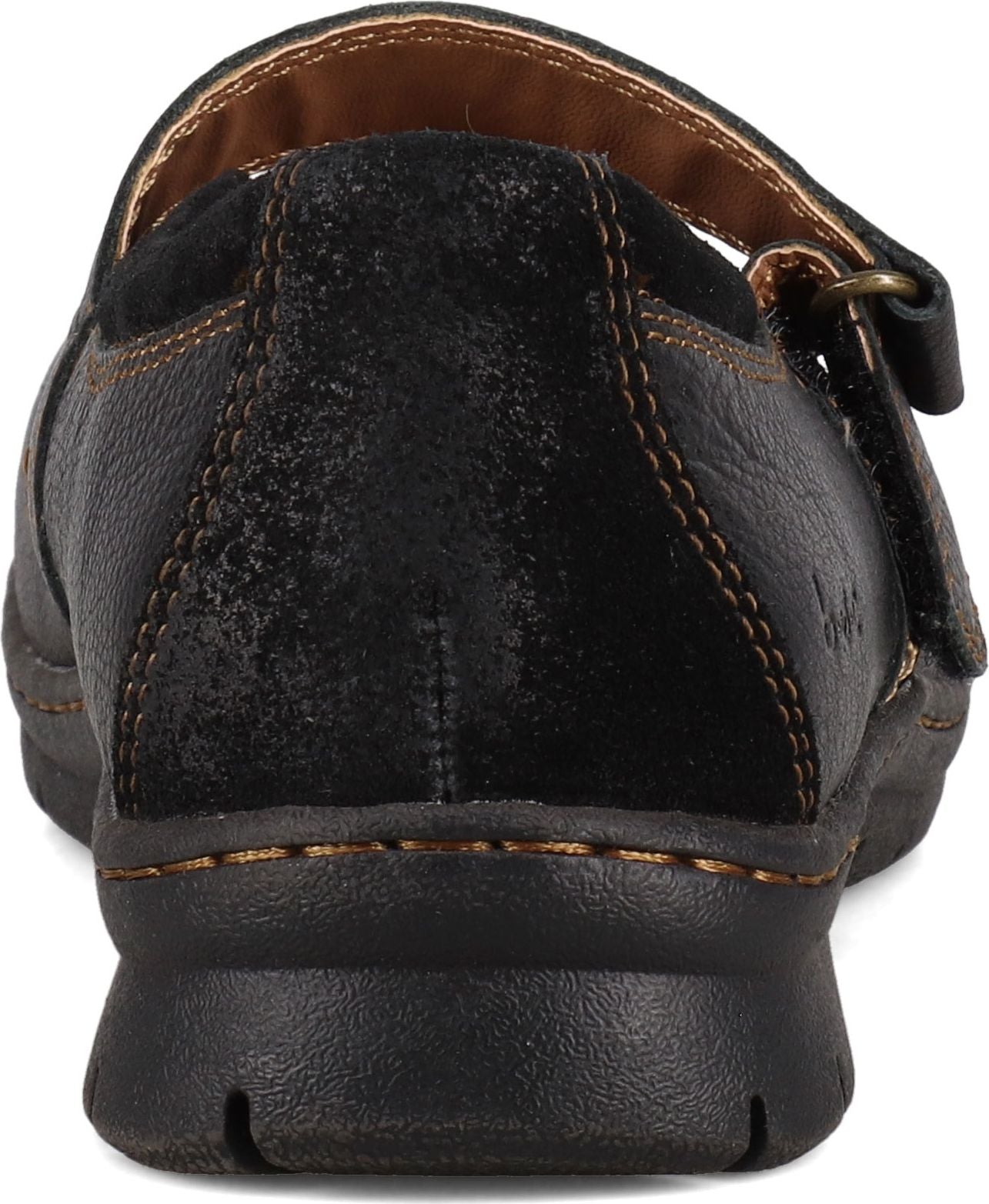 Black leather Mary Jane shoe, buckle strap.