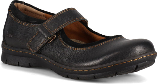 Black leather Mary Jane shoe with a hook-and-loop strap closure.