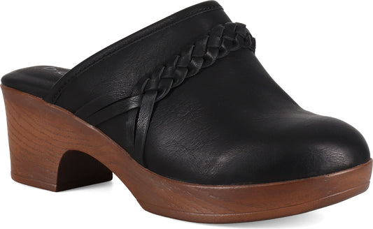 Black leather clog shoe with braided strap and high brown wooden heel.