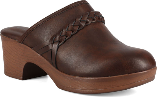 Brown leather clog with braided strap and wooden heel.