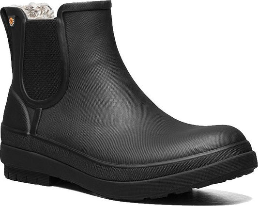 Black Chelsea-style rain boot with fur trim and elastic side panels.