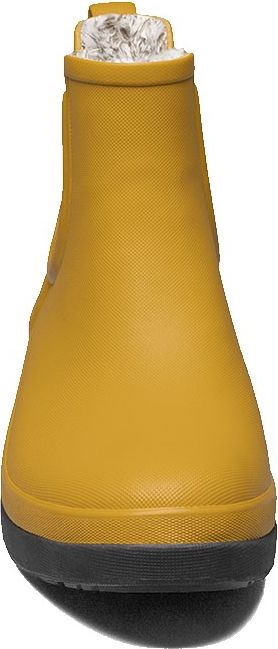 Yellow rain boot with a black sole and fuzzy lining.