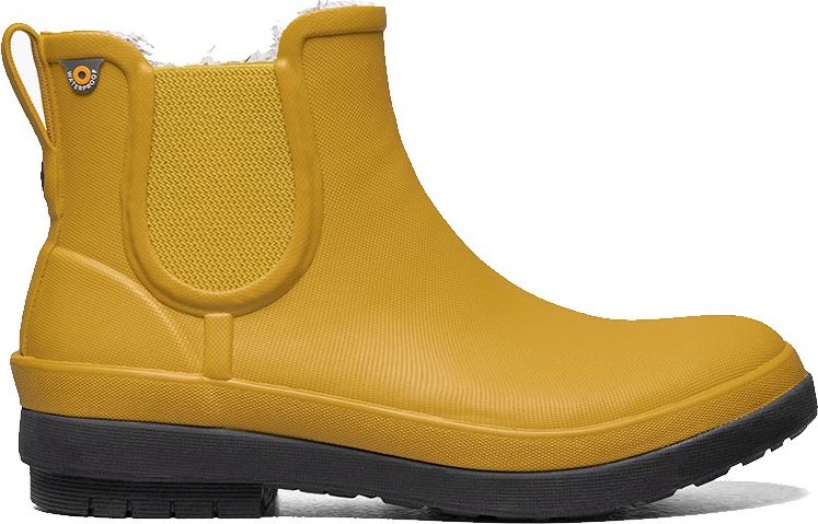 A yellow short rain boot with a black sole and elastic ankle panels.