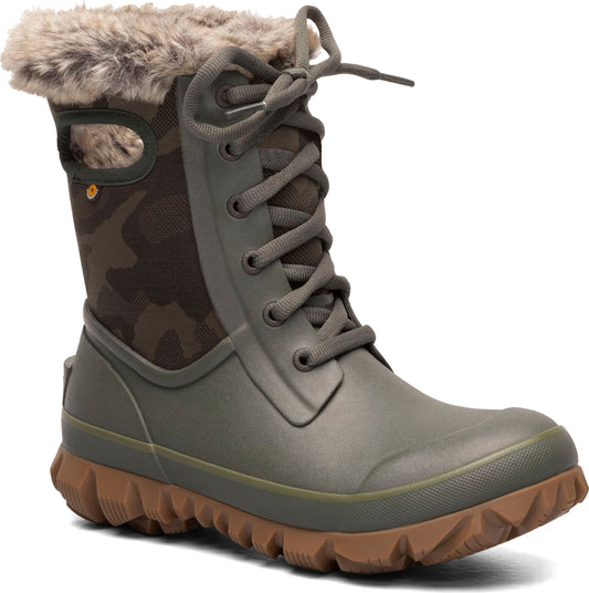 Olive waterproof boot with faux fur trim, lace-up front, and lug sole.