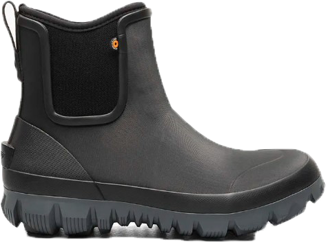A dark gray waterproof boot with a round toe and a gray textured sole.