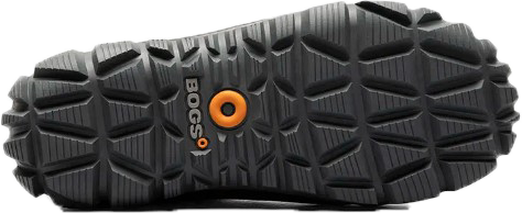 The bottom of a black boot with BOGS logo and orange detail.
