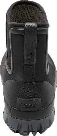Back view of a black rubber boot with a pull tab.