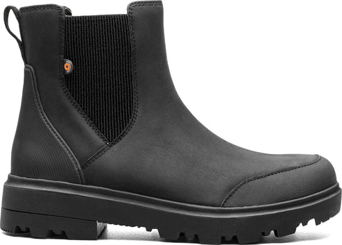 Black ankle-high lugged Chelsea boot with elastic panels and a rear pull loop.