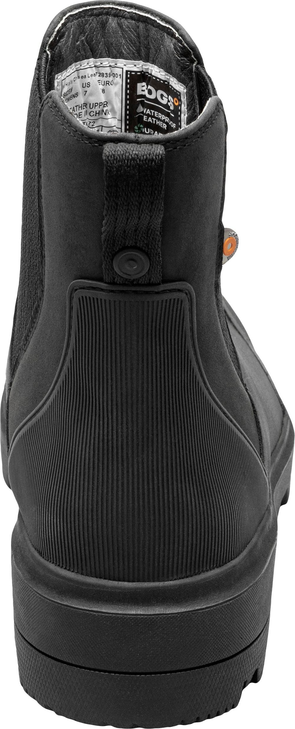 Rear view of a black boot with a ridged rubber portion and a pull tab.