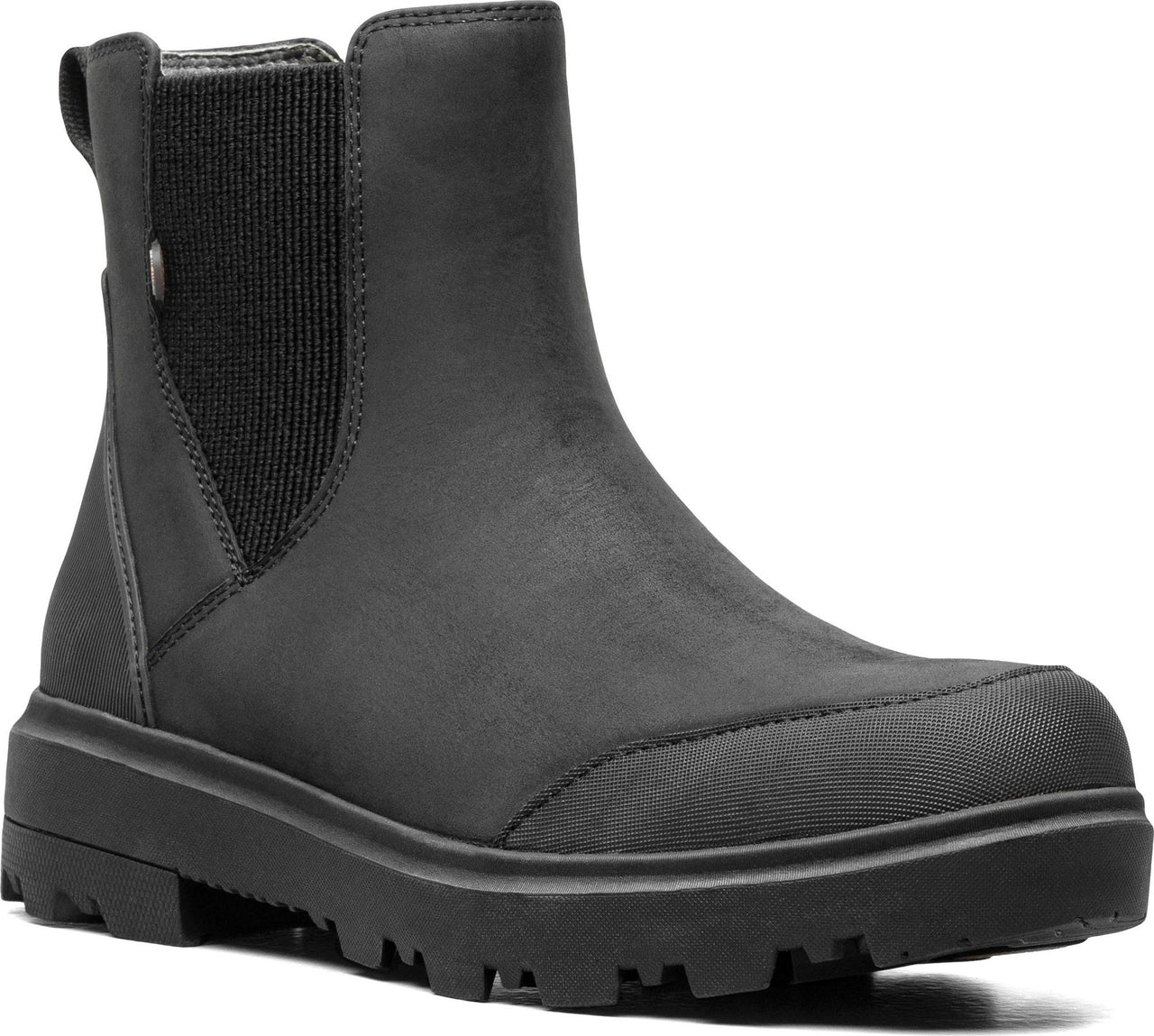 Black ankle boot with elastic sides and lug sole.