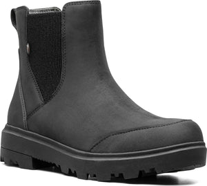 Black ankle boot with elastic sides and lug sole.