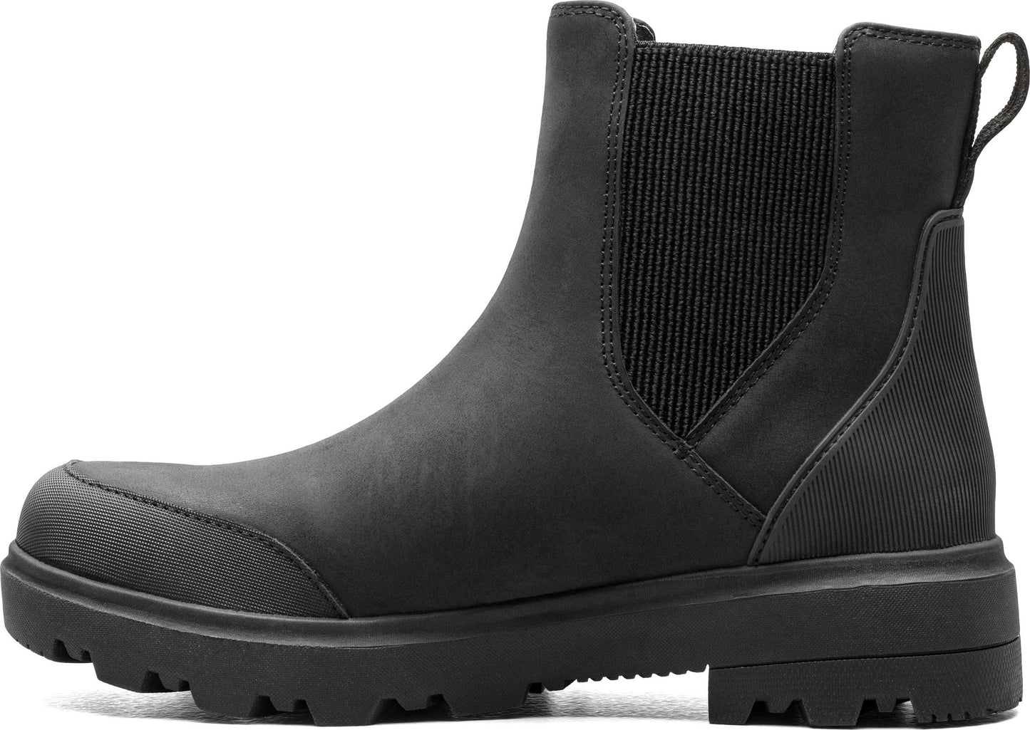 Black Chelsea boot with elastic side panels and lug sole.