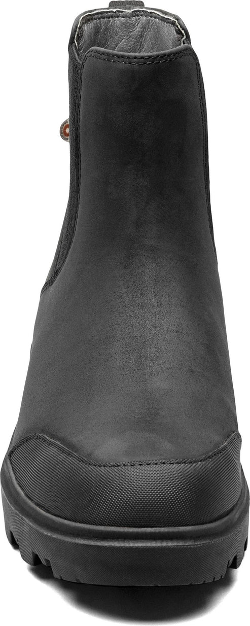 A black leather ankle boot.