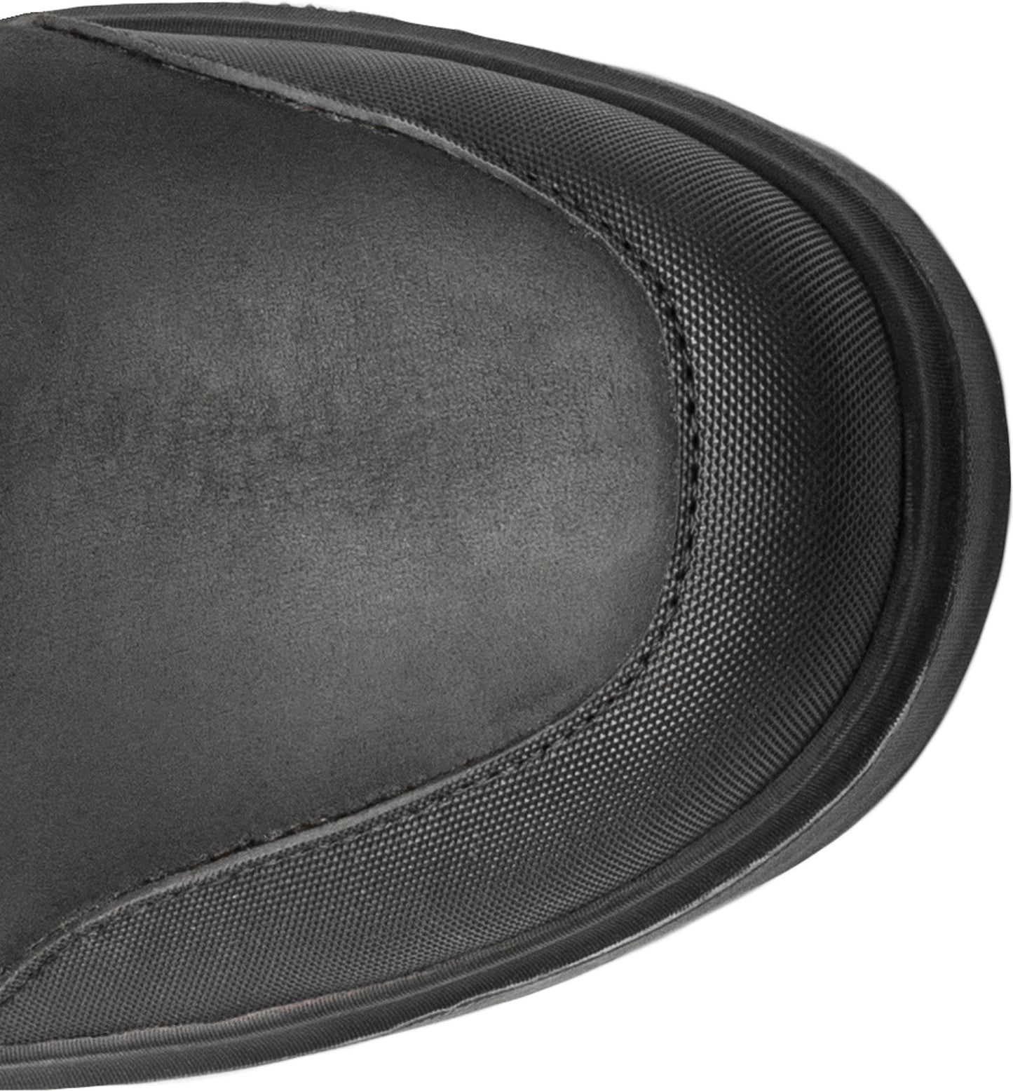 Toe of a black, textured boot.